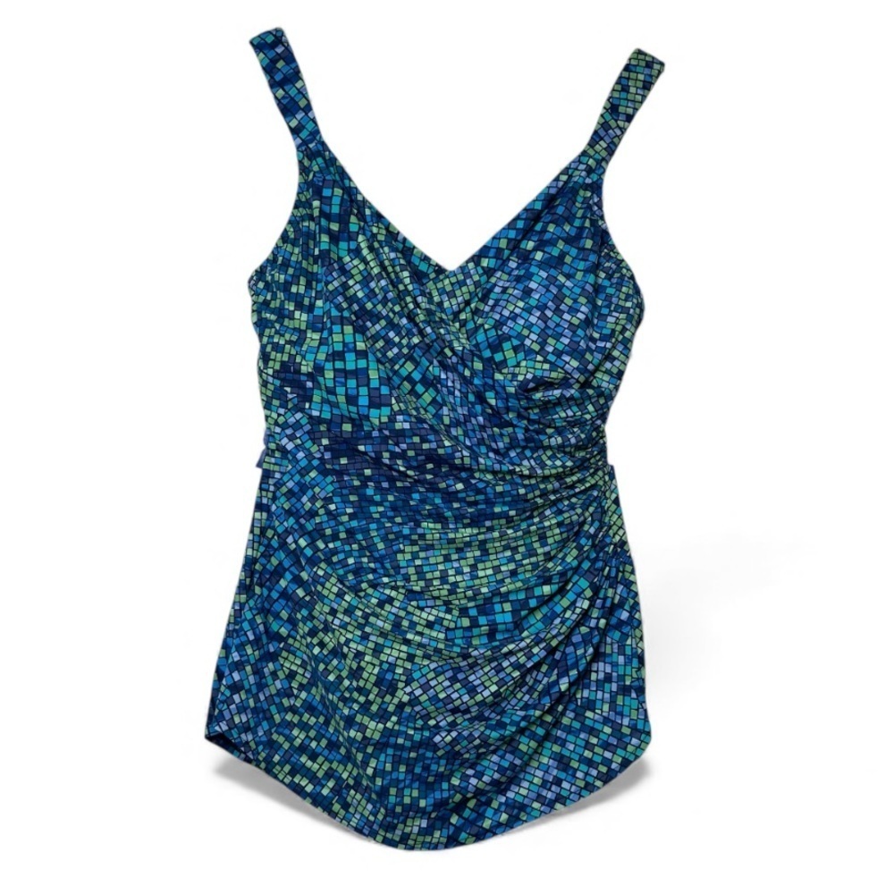 NEW Lands' End Vibrant One Piece Blue and Green Geometric Swimsuit